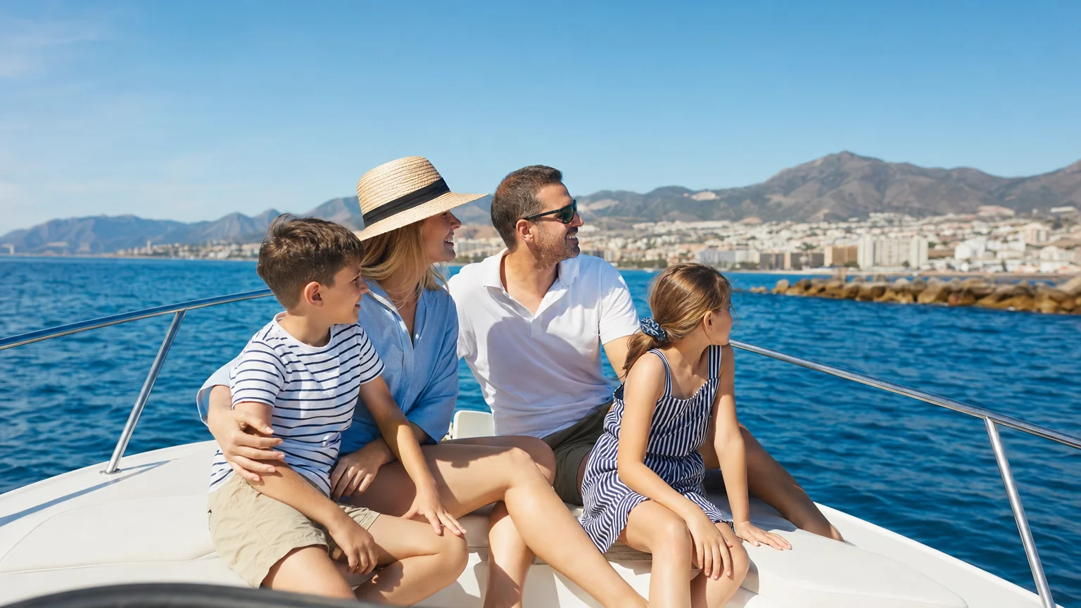 Familia con niños disfrutando de una salida en barco frente a la costa de Benalmádena en un día soleado