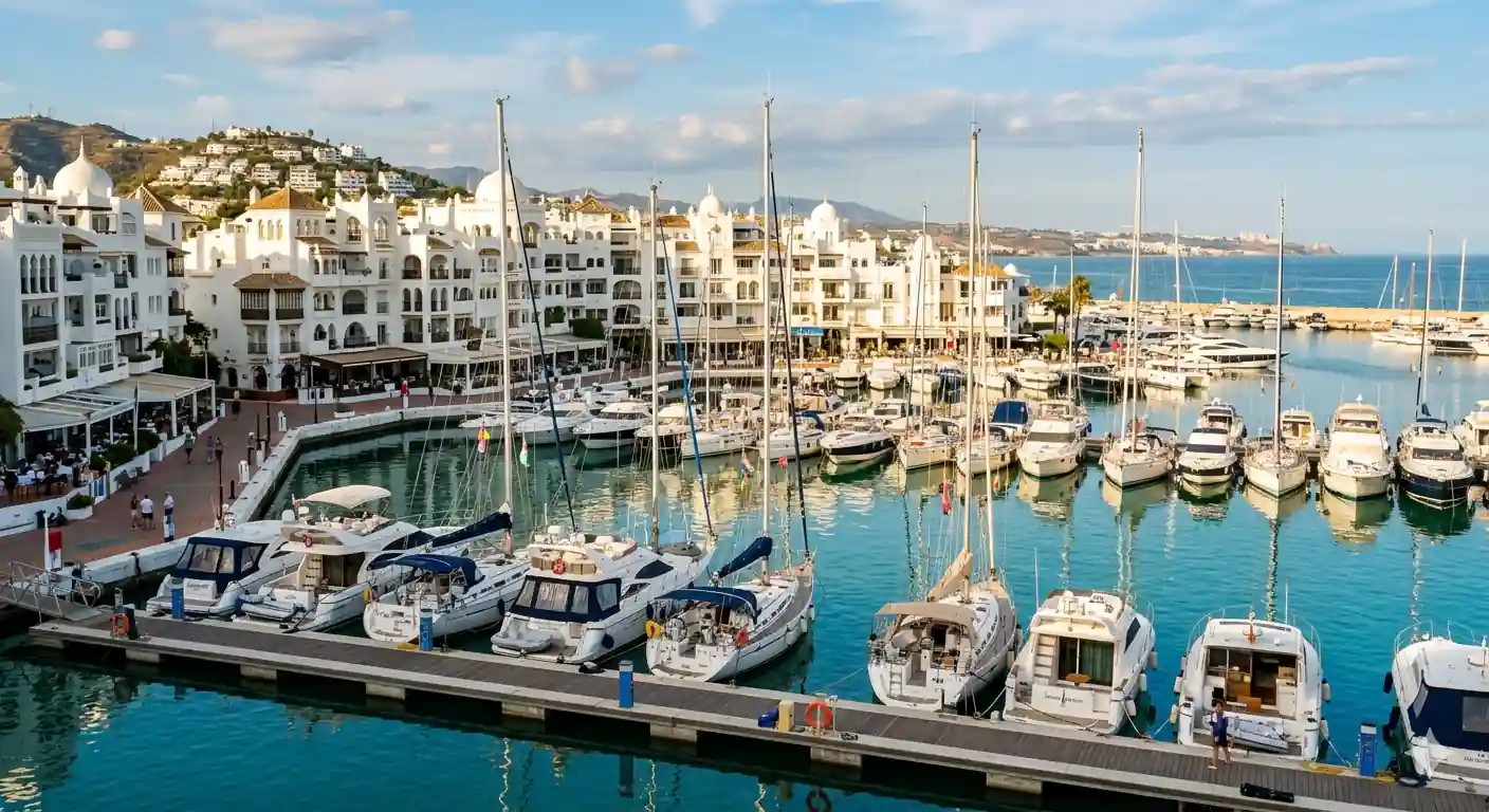 Marina in Costa del Sol with docked boats