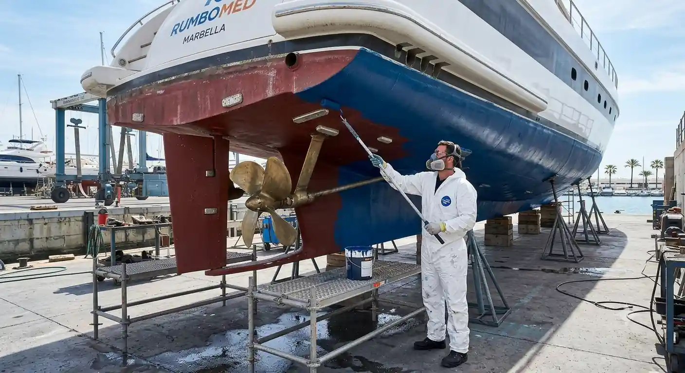 Aplicación de pintura antifouling en el casco