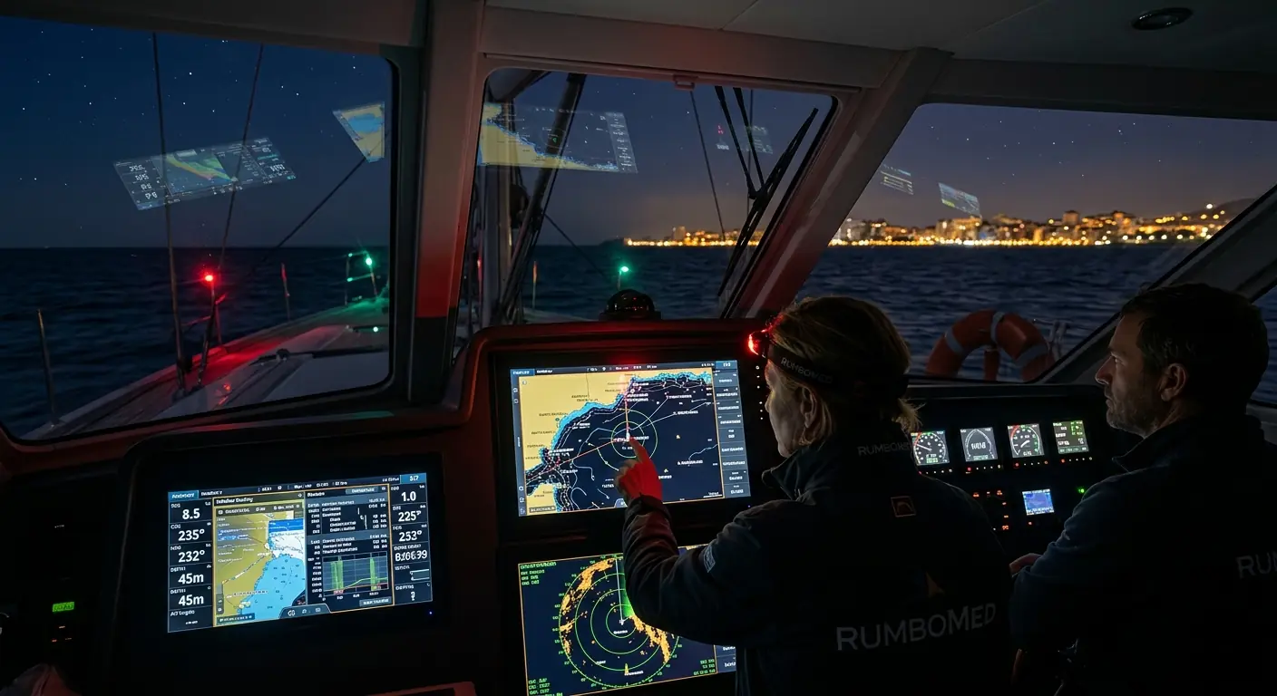 Boat chartplotter and navigation lights operational at night