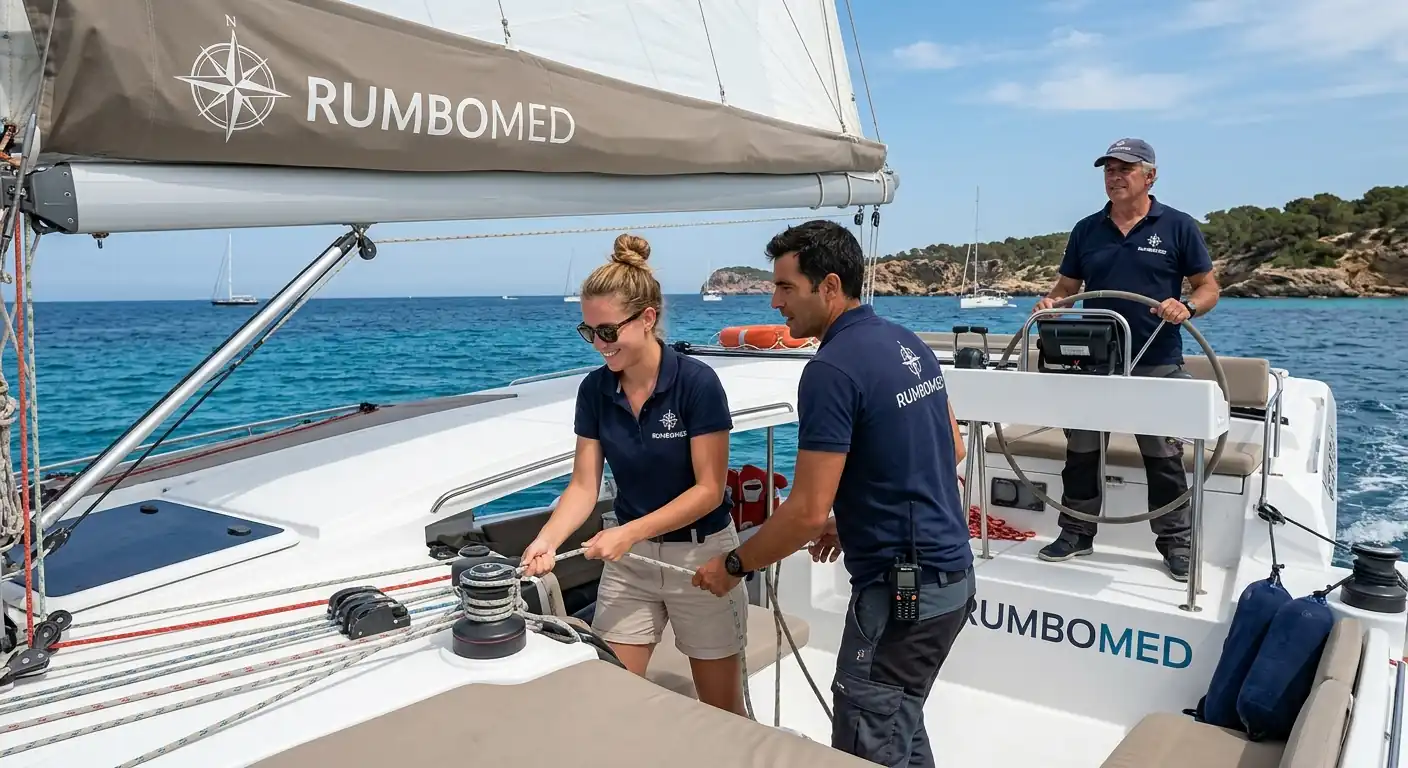 Marinero profesional realizando maniobras en barco de chárter