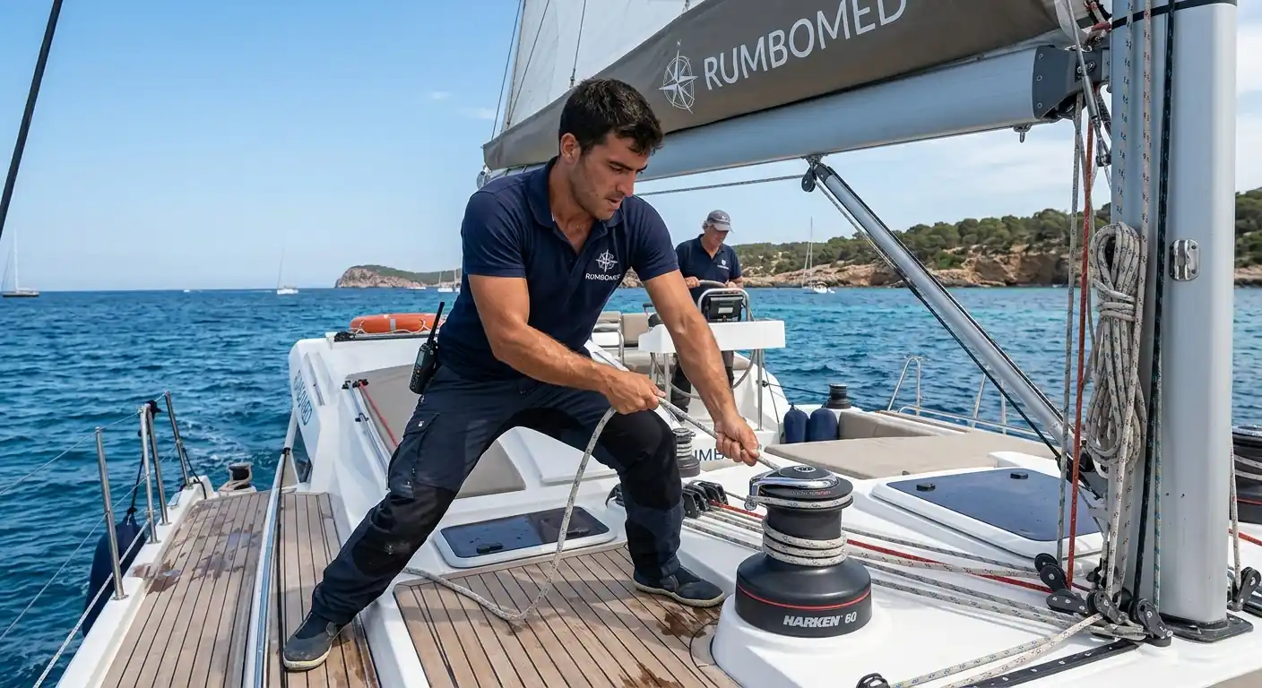 Marinero asegurando amarre en puerto
