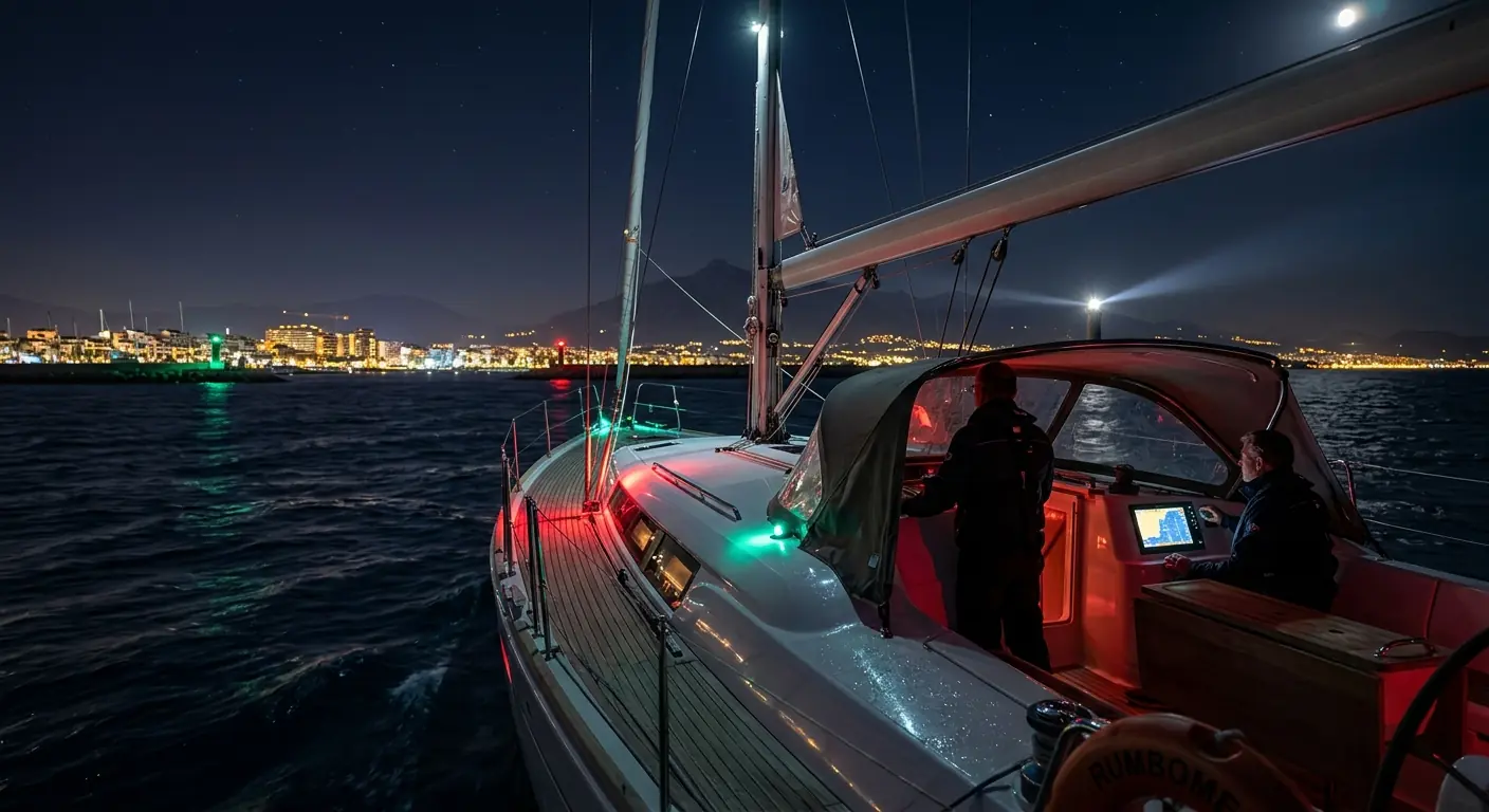 Night navigation on a boat facing the illuminated Costa del Sol coastline