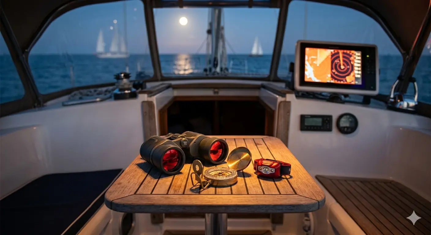 Boat sailing at night under the moon